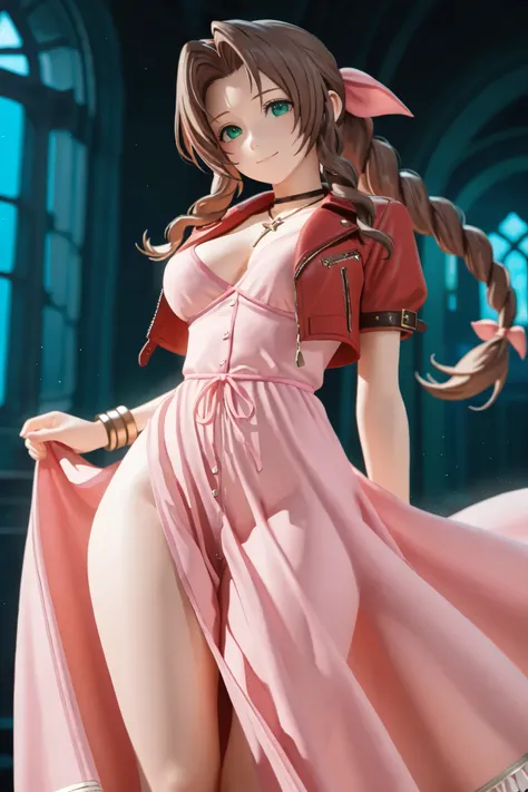 NSFW, Masterpiece, top quality, Hi-Res, very detailed that ,Aerith\( Final Fantasy VII\), Braided Ponytail 、 hair bow、 pink ribbon 、 choker、 necklace、 cropped jacket、 Red Jacket 、Short sleeve、 pink dress、 long dress, downtown at night