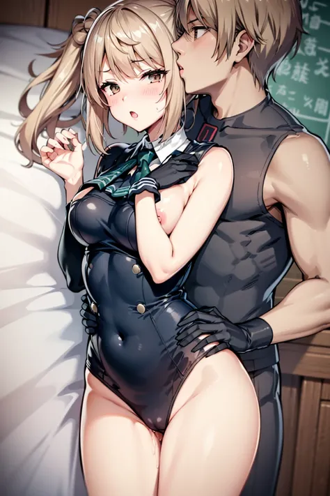  1 girl and 1 middle-aged man　 men in white military uniforms 　 fat man　 height difference couple　 bedroom bed　 on the bed　 elementary school student　 TWIN TAIL HAIR　 　 short　 file　 small tits　 slender　 Golden Hair　 Brown Eyes　 Small Hands　Thin hands　Short...