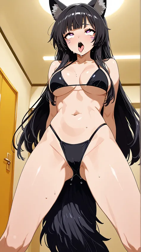 1girl,Solo, background hotelroom , delta, black hair, long hair, facial mark, wolf ears, wolf tail,Senos grandes, lewd expression,ahegao,wearing black battle bikini,