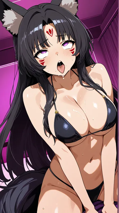 1girl,Solo, background hotelroom , delta, black hair, long hair, facial mark, wolf ears, wolf tail,Senos grandes, lewd expression,ahegao,wearing black battle bikini,