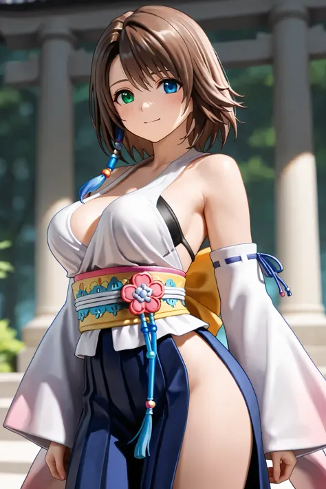 NSFW, Masterpiece, top quality, Hi-Res, very detailed that ,Yuna\(Final Fantasy X\), blue eyes、 brown hair at the gym、 green eyes、 hair ornament、 rainbow heterochromia、 short hair、 shoulder out、Sleeveless、Hakama、Hakama skirt by humili、 kimono、紫のHakama、 ski...