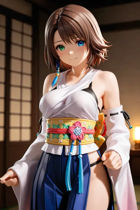 NSFW, Masterpiece, top quality, Hi-Res, very detailed that ,Yuna\(Final Fantasy X\), blue eyes、 brown hair at the gym、 green eyes、 hair ornament、 rainbow heterochromia、 short hair、 shoulder out、Sleeveless、Hakama、Hakama skirt by humili、 kimono、紫のHakama、 ski...