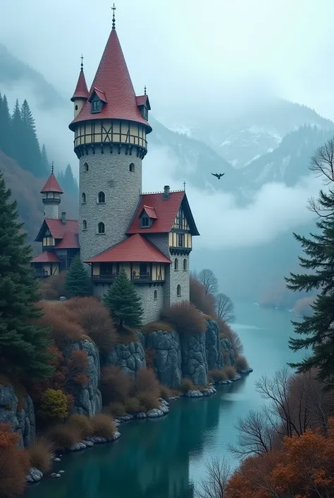 Create an image of a magical and mysterious high stone castle with a red tiled roof and small upper turrets with wooden beams, where fairies live,  sprite and gnomes fly around . The tower stands on a hill  , below you can see a river shrouded in fog,  cre...