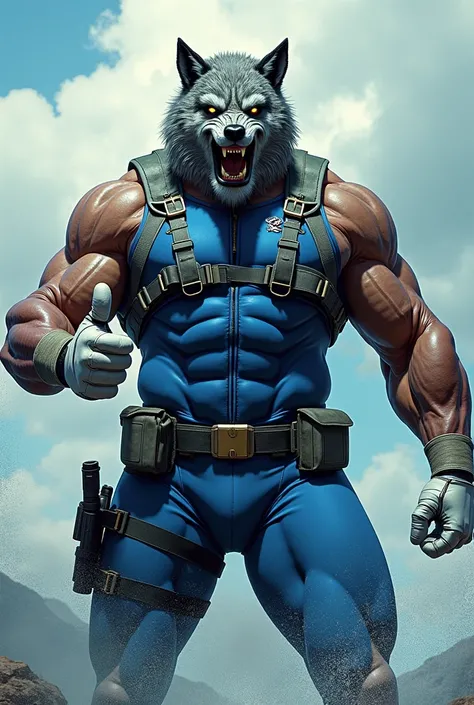 (A rugged beefy extremely muscular bulky angry old man), (wearing blue fully-zipped fullbody wetsuit), (wearing realistic roaring wolf mask), thumbs up, wearing white bulky harness, wearing bulky scuba gear, muscular physique, toned muscles, fierce, heroic...