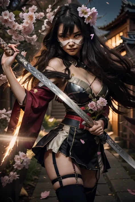 Under the twilight sky, Aiko stood firmly in the courtyard of the old temple. Her hands tightly gripped the hilt of a silver-bladed katana, a family heirloom passed down for generations to protect the village from evil. The night breeze carried the scent o...