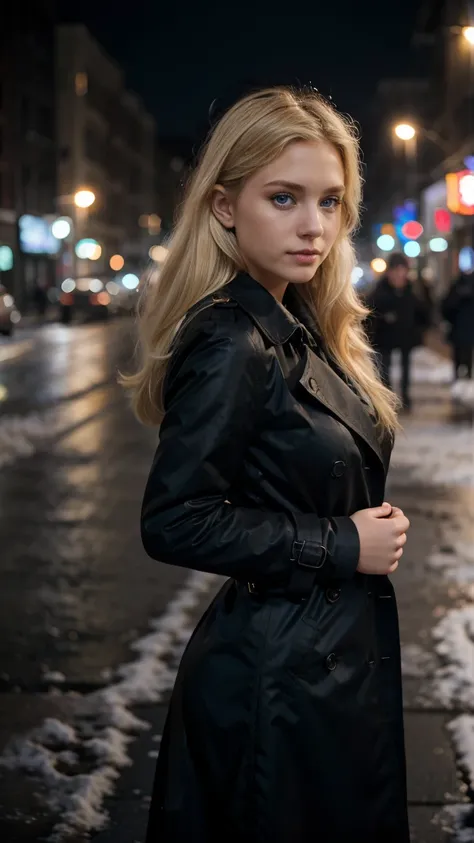 woman wearing retro black trench coat, walking on the street, cold and snowy weather, bokeh style, blonde hair, blue eyes, american blonde girl, 20 years old, medium close-up, high quality photo