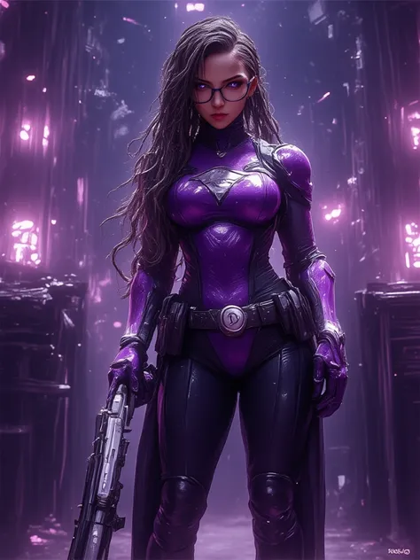 - Beautiful woman "Barbados", Long dreadlock braided hair, wearing glasses.

- Wearing a costume ("Full Sexy Armor").
Chest and Thigh Armor are half open.
Futuristic Costume Design.
Wearing a Black suit. White gloves.

- High heels are very detailed, hand ...