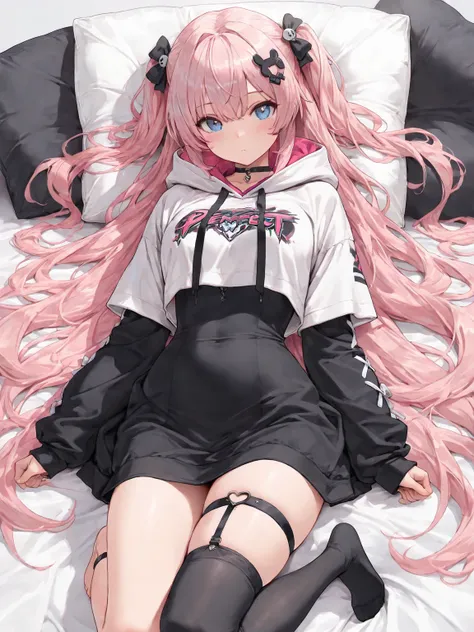 (masterpiece, best quality, ultra-detailed character, high resolution, 8k), 1girl, pink hair, very long hair, blue eyes, black bow, hair ornament, dress, long sleeves, cropped hoodie, short sleeves, short over long sleeves, single thighhigh, single sock, s...