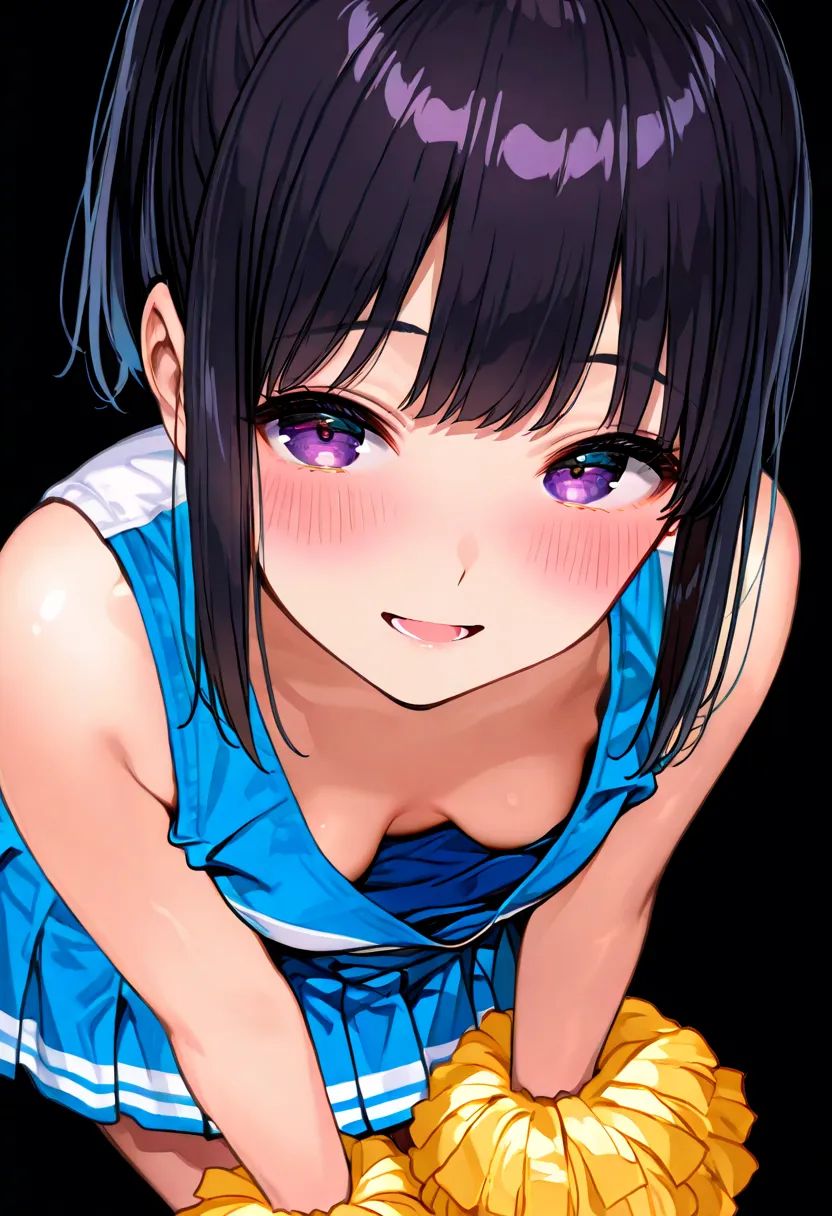 8K, detailed-anime, cute short girl, face focus, open mouth smile, blush, small breasts, hanging_breasts, breasts_apart, (cheerleading uniform:1.2), pom-poms, ponytail, black hair, leaning forward, (black-background:1.2), dynamic-lighting, front view, deep...