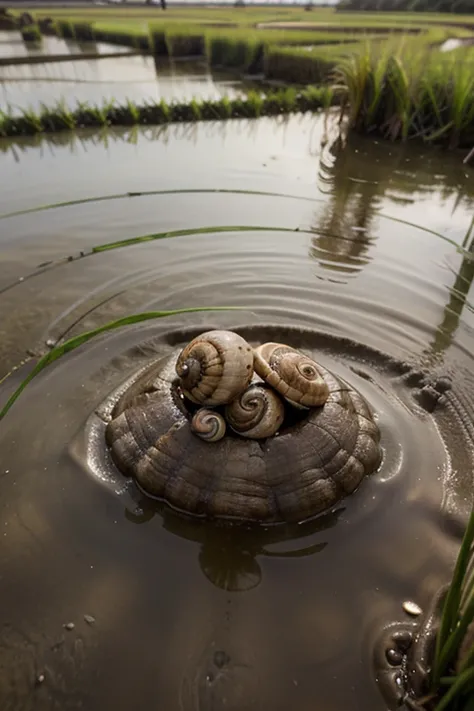 Make a photo of snails in a rice field