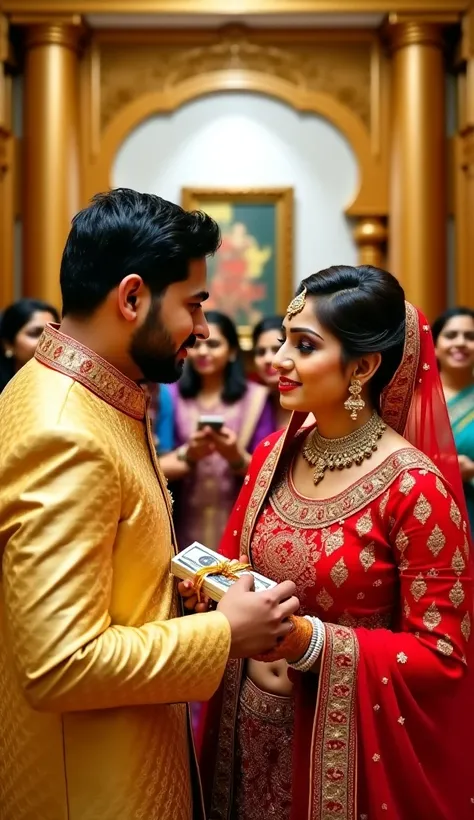 Hyper Real Stick. In this image, a newlywed couple is seen inside a traditionally royal chamber. The groom is dressed in a golden-yellow sherwani and is holding a $100 bill, which may be part of a special ritual or ceremony. The bride is wearing a red and ...