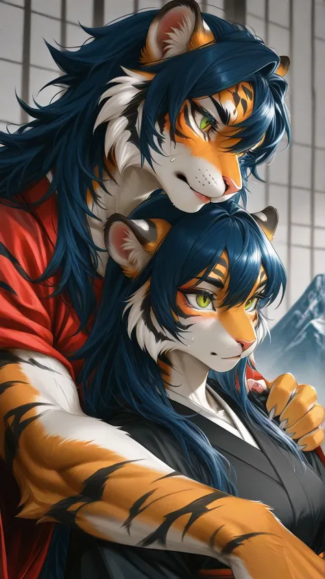 Mountain and rice fields, male orange tiger furry and female orange tiger furry holding tiger baby, tiger furry s holding on female arm, family furry portrait, male green eyes、male short dark blue hair, male furry orange with muscular body, female has gree...