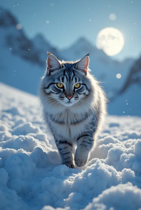 An ultra-realistic, hyper-detailed cinematic masterpiece of a majestic cat with a breathtakingly beautiful coat, walking gracefully through a vast, snow-covered mountain landscape. Its fur shimmers in the cold moonlight, each strand catching the soft glow ...