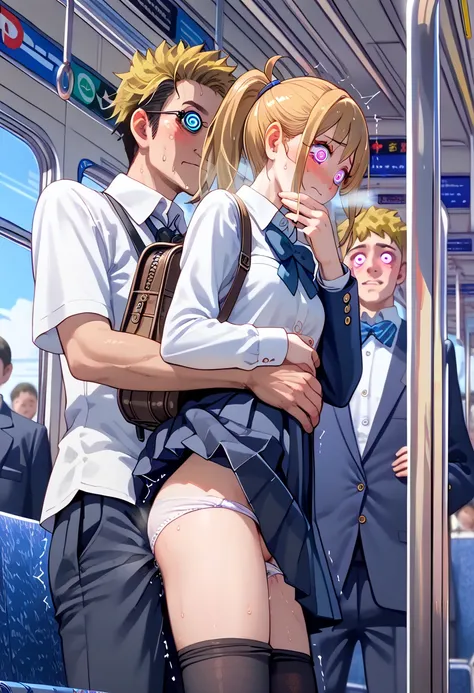 (masterpiece,beautiful,hughres,CG,8k,16k,best quality,high-resolution,detailed eyes:1.5),anime,source anime,illustration,from below,from front,(cowboy shot:1.4),1girl,(train interior, crowded trains near the door, crowds, there are a lot of people on the t...