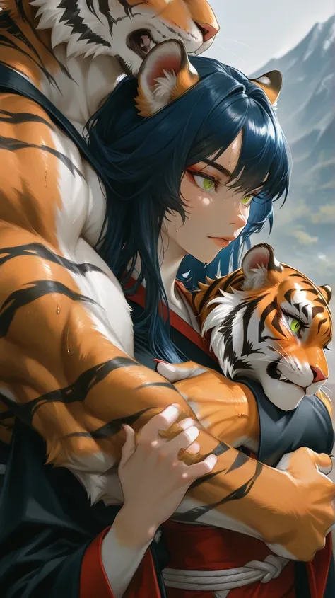 Mountain and rice fields, male orange tiger furry and female orange tiger furry holding tiger baby, tiger furry  holding on female arm, family furry portrait, male green eyes、male short dark blue hair, male furry orange with muscular body, female has green...