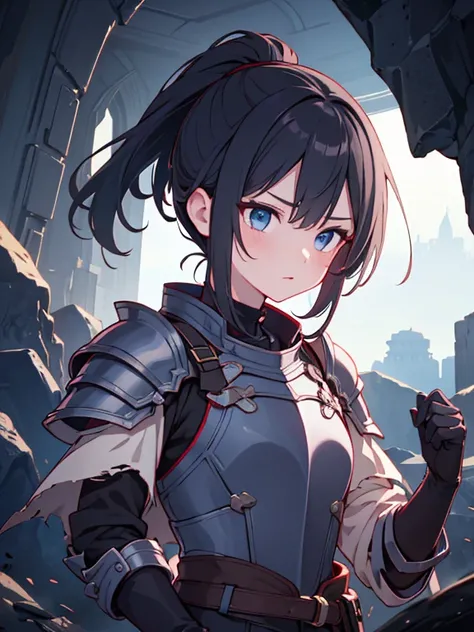  Masterpiece)、( top quality)、( Damage Expression )、(Metal texture)、( perfect hand)、(1 person)、Gloss、 Dark Cave、 Female Knight、Damaged Armor 、  torn clothes 、 blue eyes、 ponytail、  black hair
