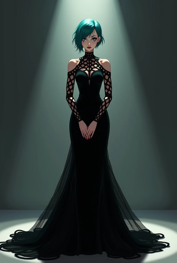 "4K anime style quality, digital drawing mode, a mysterious female fashion designer with short asymmetrical teal hair, piercing gray eyes, wearing a black velvet high-neck gown with geometric cutouts and a train of cascading lace, standing at the gallery s...