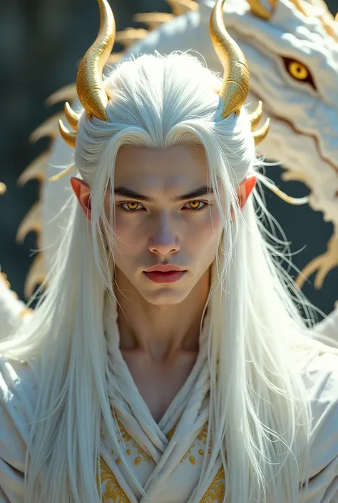  top quality, Detailed description, handsome man, White hair that goes down to the waist, Golden eyes, A gradient horn that starts in white and ends in gold, white dragon , Orientalism, , sharp eyes.