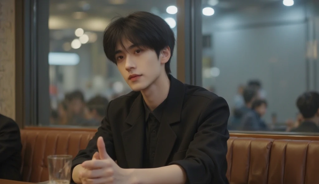 a handsome Korean man, handsome like a kpop idol, is sitting in a restaurant, in the mall, the point of view from the front of him, he is sitting upright, there is a table and there is coffee in front of him, cinematic, photorealistic, drama, imax, korean ...