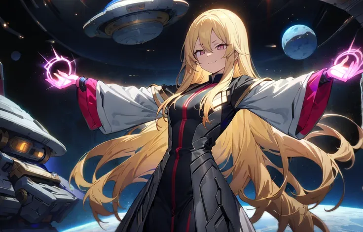 ((( Masterpiece, Highest Quality))),((( blond, long-haired female magician in a blue mechanical robe))),((Spell rings)),(((He has a suspicious smile with open arms in outer space)))Only one person, focus on the whole body,anime