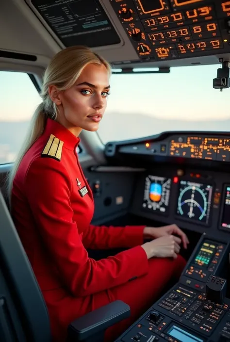 Serbian blonde supermodel in uniform of Chinease Hainan airlines in airplane ,in cocpit with captainultra detailed,ultra realistic