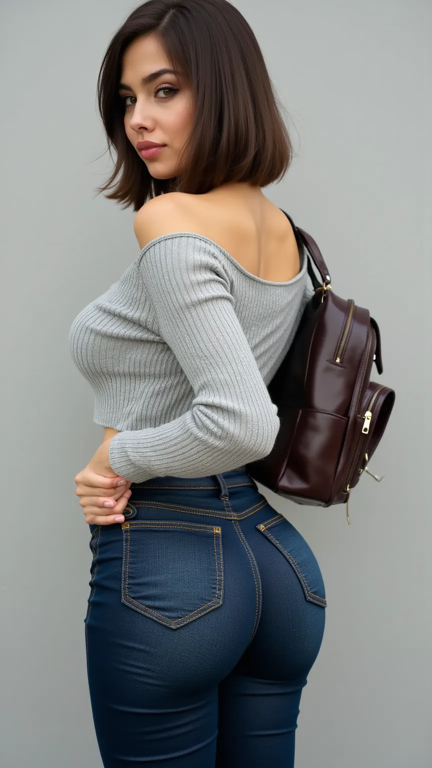 Sexy college woman, annoyed face, great ass,  low cut sweater, dark blue jeans, with a school backpack 