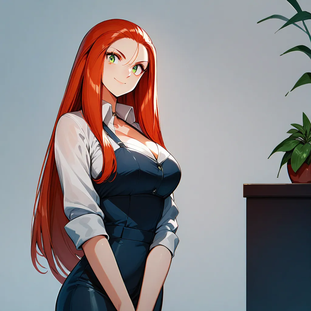  ,  a 30-year-old woman  , long hair , Red hair   ,  green eyes  , Un clothing dressed in office clothes fitted to the body , big breasts ,  sexy body, happy 