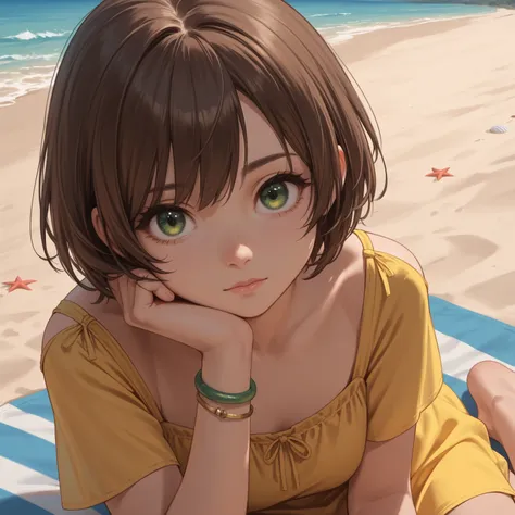 score_9, score_8, score_7, break, selphie _Kh , brown hair,  short hair, Green eyes,  yellow dress  . bracelet , sit down, Beach ,   staring at viewer  , cute  ,   natural lighting  