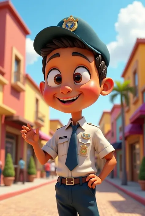 municipal agent of the BUENA FE MAYOR'S OFFICE , happy,  reminding you not to do or prohibiting you, As a Pixar cartoon effect,  clothing blue