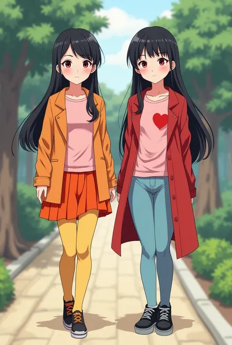 Twin girs,Neverland octopus is a Japanese woman who looks like Yoru from the spy family. She wears a pink belly tee, an orange skirt, and yellow stockings underneath.,  Hook is a Japanese woman who looks like Yoru from the spy family, has red hearts and re...