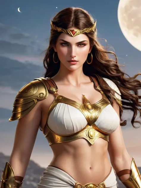 Artemis, Goddess of the Moon and the Hunt, GREEK WARRIORS, Haircut with open sides, Beautiful face,  beautiful golden eyes ,  sexy,  beautiful body ,  has big breasts ,