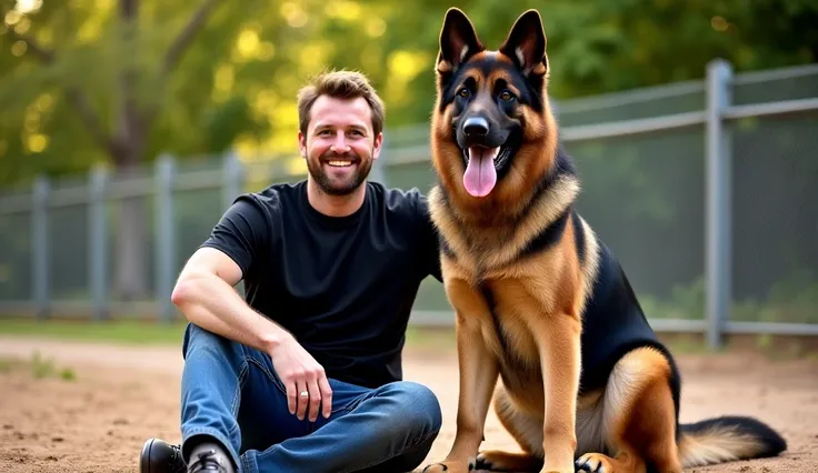 A man with short, slightly messy brown hair and a beard sits on the ground, leaning slightly back with one arm resting on his knee, wearing a casual black t-shirt and blue jeans. He has a warm and relaxed smile on his face. Next to him, an enormous German ...