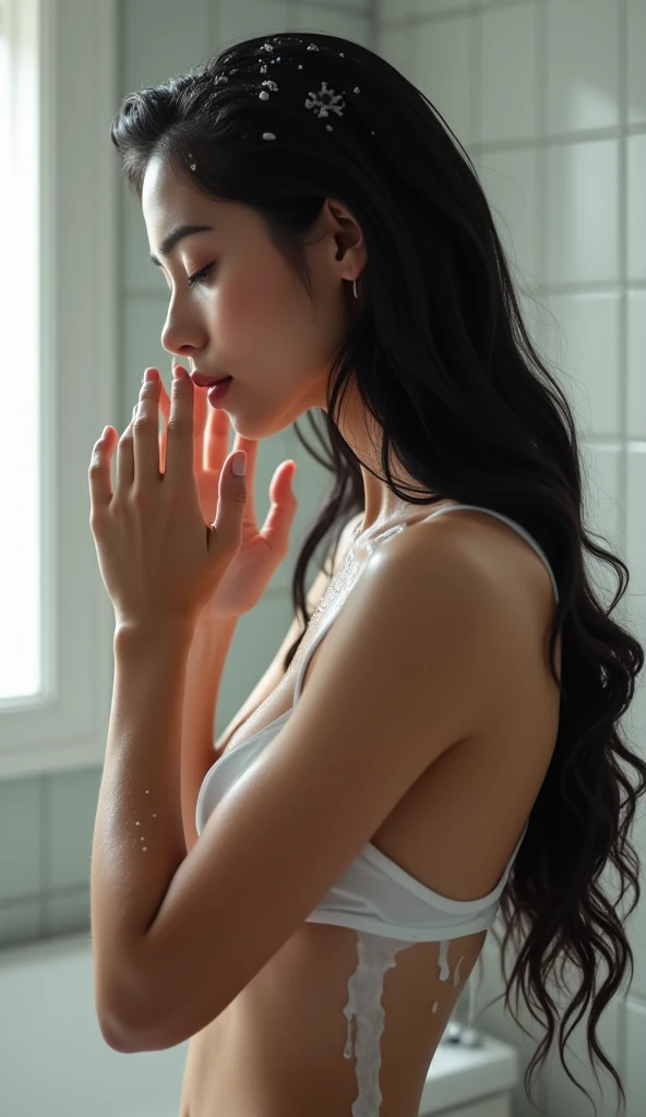 girl shampooing her long black hair with two hands, side view