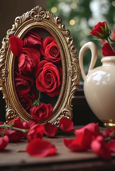 It's a picture in a frame with red roses and red rose petals 