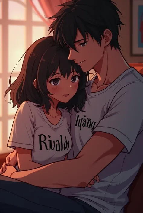 Two anime characters giving a hug, Of different genders and the woman with the writing on Rivaldo's shirt and the man with the words Tânia written on it 