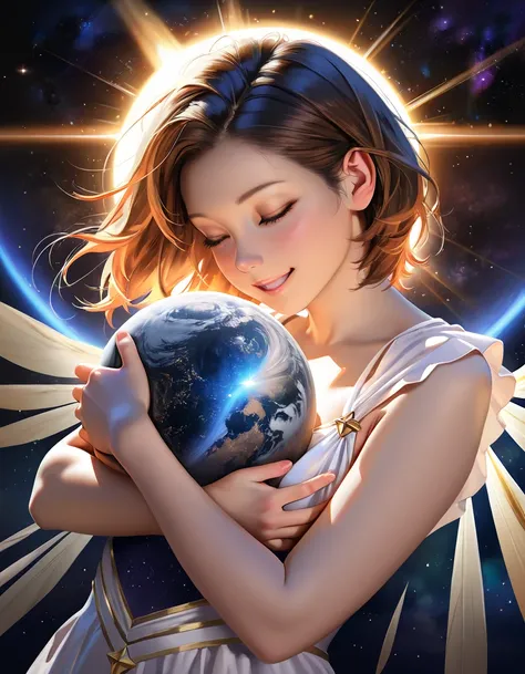 Masterpiece, (highest quality, create a high resolution,4K, 8k),(realistic,  photorealistic: 1.5),(((Warm Embrace)))goddess of mercy,Tenderly embrace the stars, galaxies, Surrounded by kindness and Earth、Warmth、fine、courage ,Half body , smiles, close your ...