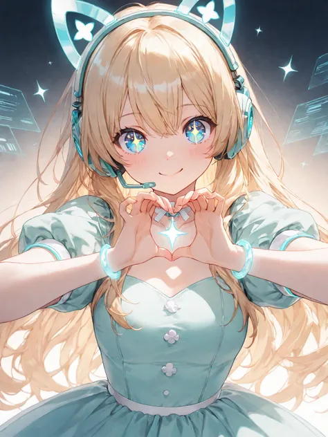 (masterpiece, best quality, ultra-detailed character, high resolution, 8k), 1girl, blonde hair, blue eyes, anime-style, cute girl, VTuber theme, long hair, sparkling eyes, cheerful expression, pastel outfit, glowing accessories, headset, holographic detail...