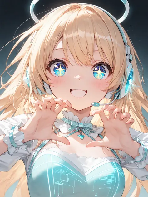 (masterpiece, best quality, ultra-detailed character, high resolution, 8k), 1girl, blonde hair, blue eyes, anime-style, cute girl, VTuber theme, long hair, sparkling eyes, cheerful expression, pastel outfit, glowing accessories, headset, holographic detail...