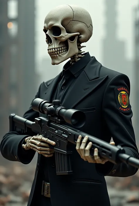 Create a image of skeleton with cool outfit inspired as a syndicate with sniper gun with name patch "SINDIKATO FAMILY"