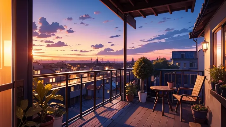 A scenic view from a cozy balcony overlooking a sunset-lit town. The sky is a beautiful gradient from warm orange to deep purple as night approaches. Below, streets are illuminated by streetlights, and building windows glow with evening lights. On the balc...