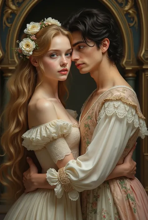 Masterpiece. Create a young couple of lovers. Young couple. Create a beautiful young girl, with a very long, wavy, blonde hair. She has flowers in her hair. She has sky blue eyes. Near her there is a handsome boy with short, wavy, black hair. He green eyes...