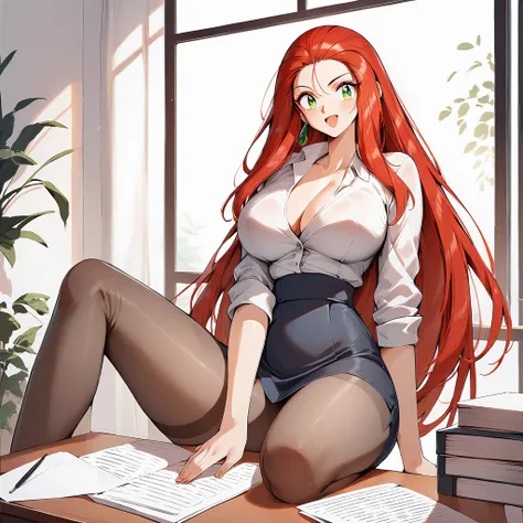  ,  a 30-year-old woman  , long hair , Red hair   ,  green eyes  , Un clothing dressed in office clothes fitted to the body , big breasts ,  sexy body, happy 