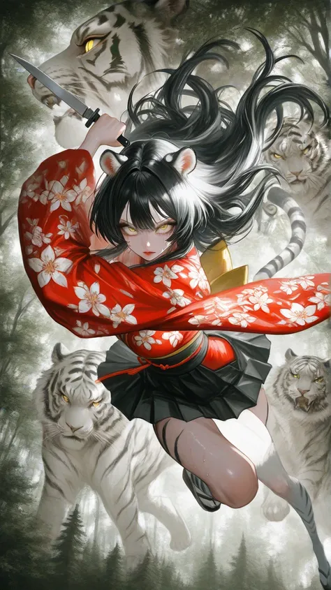 Forest, female has yellow eyes, white or black hair, female with white stripe fur body, tiger snout, tiger ears,(light color:1.4)GBF_style、748cmstyle、32K、 is present、Artistic、 professional lighting、 super detailed depiction of a white string、Artwork, long ...