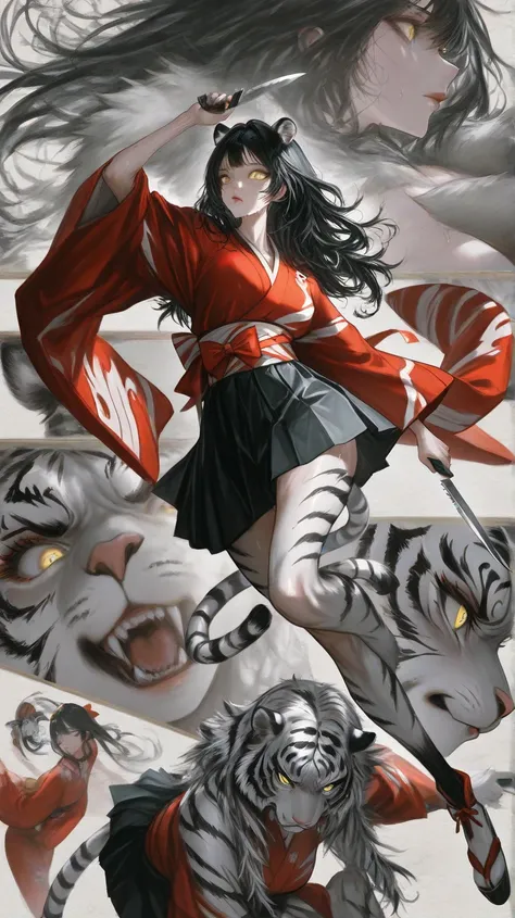 Forest, female has yellow eyes, white or black hair, female with white stripe fur body, tiger snout, tiger ears,(light color:1.4)GBF_style、748cmstyle、32K、 is present、Artistic、 professional lighting、 super detailed depiction of a white string、Artwork, long ...