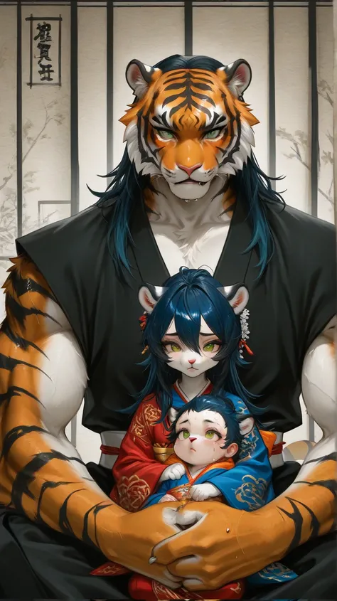 Mountain and rice fields, male orange tiger furry and female orange tiger furry holding tiger baby, young little tiger furry  holding on tiger female arm, 4 tiger furry,  family furry portrait, male green eyes、male short dark blue hair, male furry orange w...