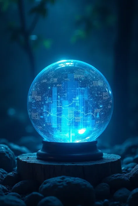 a crystal ball radiating neon blue energy, with a holographic chart and dynamic data inside.