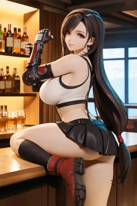 NSFW, Masterpiece, top quality, Hi-Res, very detailed that ,Tifa\( Final Fantasy VII\), red eyes、 black hair、 long hair tied low、 earrings、 sports bra、 black suspenders 、 pleated miniskirt full of love、 black knee socks 、 arm guard、 elbow gloves、Fingerless...