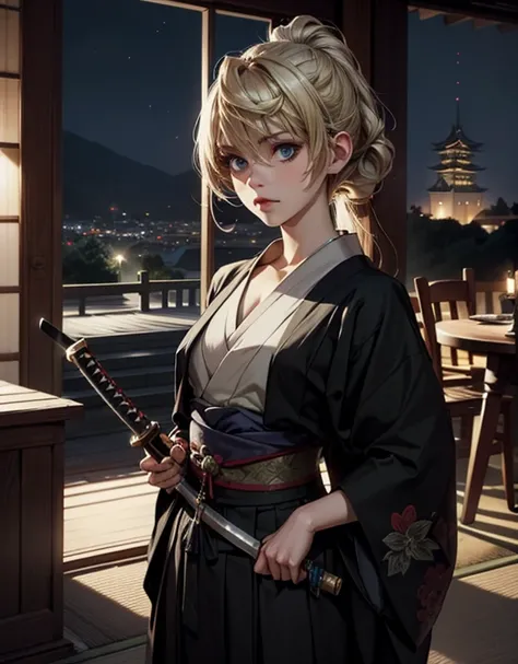 (Masterpiece, best quality, high res, perfect anatomy, beautiful view, ultra detailed, fine detailed, highly detailed, intricate, 8k, cowboy shot), BREAK, (1girl, pompadour_hair:1.2, blonde hair, long hair), BREAK, (japanese castle, peony garden, night), B...