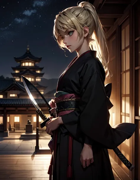 (Masterpiece, best quality, high res, perfect anatomy, beautiful view, ultra detailed, fine detailed, highly detailed, intricate, 8k, cowboy shot), BREAK, (1girl, pompadour_hair:1.2, blonde hair, long hair), BREAK, (japanese castle, peony garden, night), B...