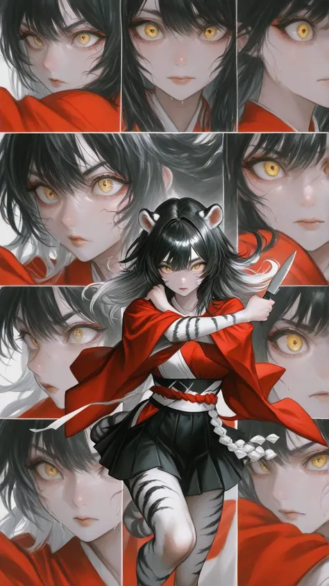 Forest, female has yellow eyes, white or black hair, female with white stripe fur body, tiger snout, tiger ears,(light color:1.4)GBF_style、748cmstyle、32K、 is present、Artistic、 professional lighting、 super detailed depiction of a white string、Artwork, long ...